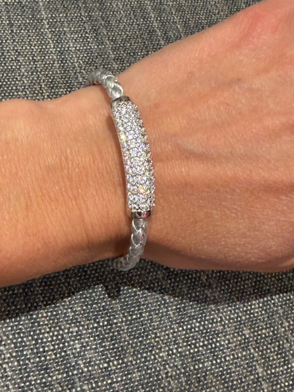 Milor Italy Silver Pavé Curved Bar Braided Leather Bracelet NWT SPARKLING ✨ 💎 - Picture 2 of 5